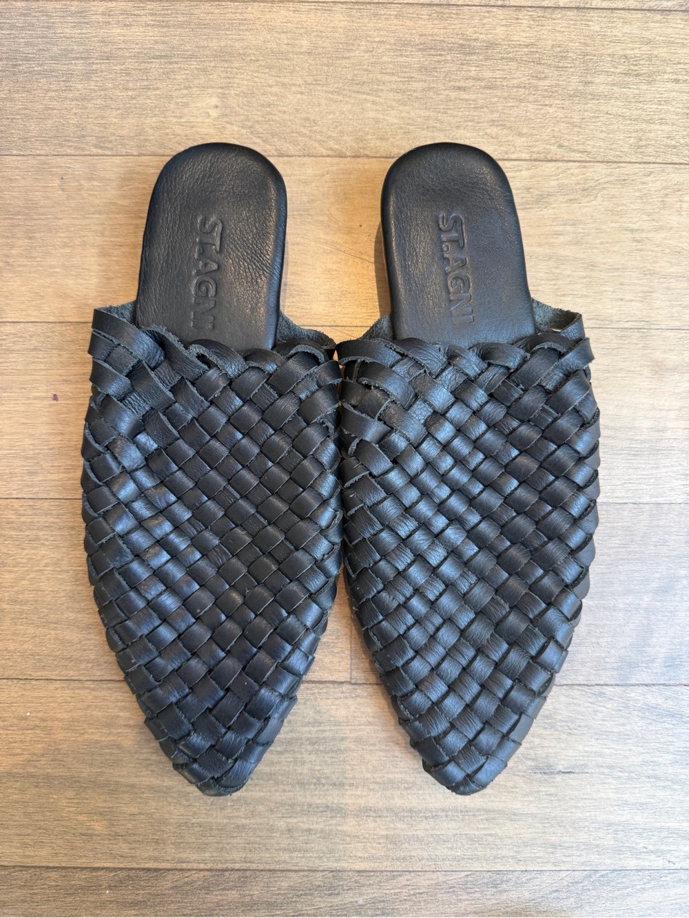 St. Agni Black Woven Pointed Leather Slide Mules